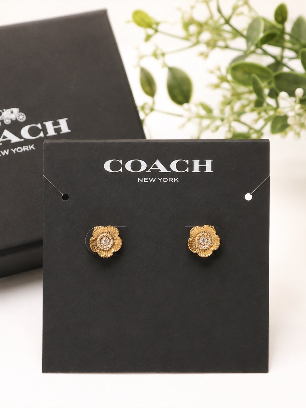 Coach Gold Tone Floral Crystal Stud Earrings with Original Packaging